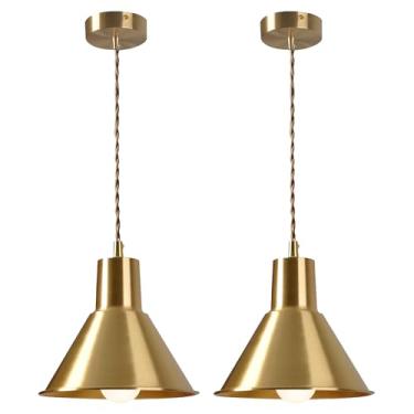 Imagem de Luminária Pendente Cônica Dourada, Mini Luminária Pendente Estilo Celeiro, Luminárias Pendentes Modernas em Latão, Conjunto de 2 Luminárias Pendentes Vintage Industriais para Teto, Sala de J