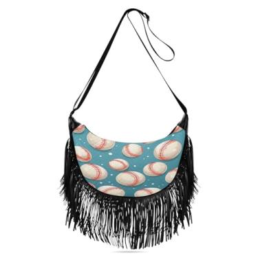 Imagem de CEBUGI Bolsa feminina transversal com franjas, borla, fundo de bolas de beisebol, bolsa de ombro Hobo, bolsa transversal com alças ajustáveis