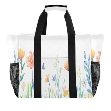 Imagem de Wassud Sacolas de compras reutilizáveis Spring Wildflowers grande bolsa organizadora de lona impermeável para praia, piquenique, lavanderia, viagem