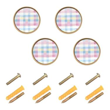 Imagem de CEBUGI Conjunto de 4 puxadores de armário coloridos quadriculados redondos puxadores de gaveta com parafusos puxadores de armário de cozinha para gaveta porta guarda-roupa cômoda