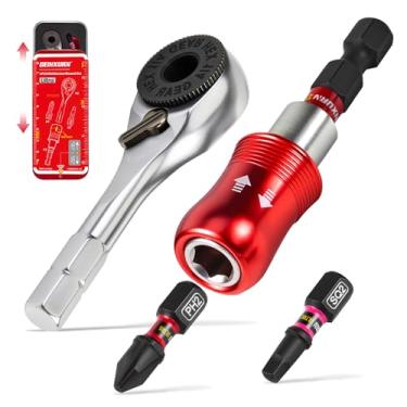 Imagem de Geinxurn Conjunto de 4 chaves de fenda de catraca, chave de impacto múltipla com mini chave quadrada de 1/4, suporte de broca de bloqueio magnético, estojo de estanho push-pull para reparos e projetos