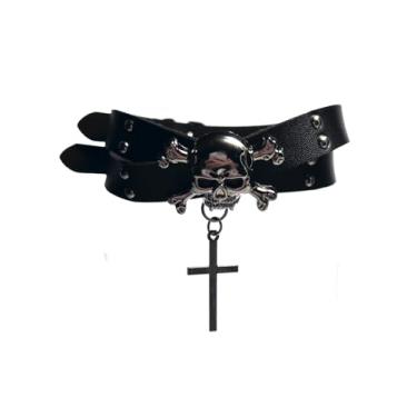 Imagem de CsunYuk Colar gargantilha feminina de couro sintético gótico punk crânio gargantilha com cruz dupla fivela ajustável colar Y2K, Adjustable buckle strap, Couro PU e liga metálica, Sem Pedra Preciosa