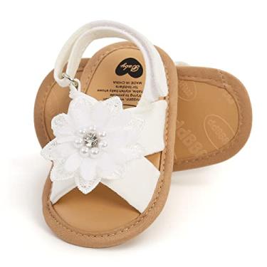 Imagem de Ohwawadi Sandálias para bebês meninos meninas sola macia verão vestido de casamento sapatos rasos sandália praia recém-nascido berço sapatos primeiros andadores, A03/W branco, 6-12 Meses