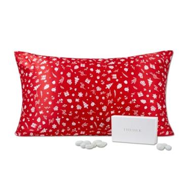 Imagem de THXSILK Fronha de seda amoreira de grau 6A+ estilo Natal para cabelo e pele, 22 Momme 100% seda pura fronha com zíper oculto, capa de almofada estampada de azevinho de Natal, vermelha, Queen