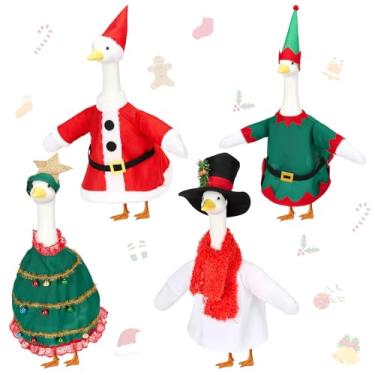 Imagem de 4 conjuntos de roupas de ganso de varanda de Natal para estátua de gramado de 58 cm, fantasia de elfo de árvore de Natal para estátua de ganso de plástico de cimento, roupas de escultura de Natal para
