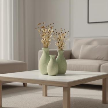 Imagem de Trio de Vasos Decorativos Bojudo Minimalista em Cerâmica Decoração para Sala, Mesa de Centro, Aparador Estante (Granito Bege)