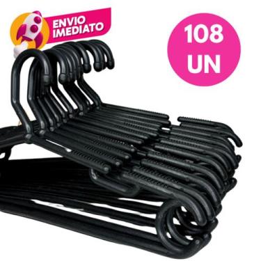 Imagem de Kit Cabide Plástico 10mm Preto Adulto Grande Reforçado Premium Roupas 