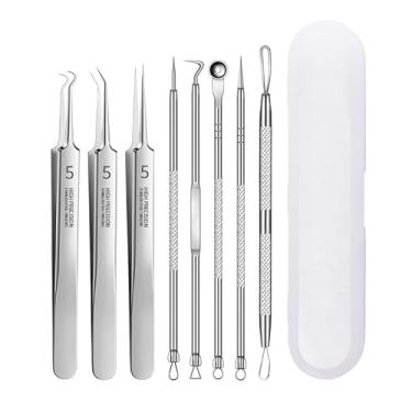 Imagem de 8 peças removedor de cravos extrator de comedões para remover espinhas no rosto, kit de pinças curvadas de cravos com capa, kit profissional de ferramentas de remoção de acne e acne para manual