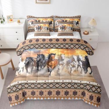 Imagem de Feelyou Conjunto de edredom de cavalo marrom com lençol casal e cama de cavalo galopando em uma bolsa para meninos, meninas, adolescentes, casa de fazenda rústica do sudoeste do sudoeste, 7 peças