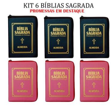 Imagem de Kit 6 Bíblias Sagradas Pequena Zíper - Preta e Pink - 13x9 cm - REI DA