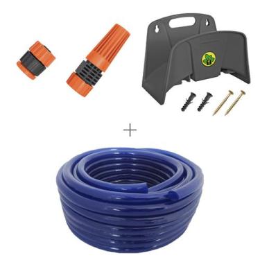 Imagem de Kit mangueira siliconada 30m para jardim azul com esguicho e engate ro