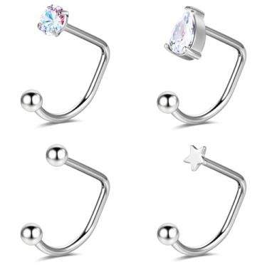 Imagem de BodyAce 4 anéis de nariz em forma de U, brincos de 16 g, para mulheres, homens, anéis labiais roscados internamente Daith piercing 316L aço cirúrgico hélice joias, Aço inoxidável Zircônia cúbica