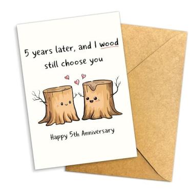 Imagem de Podagree Cartão comemorativo 5 Years Later I Wood Still Choose You, trocadilho de tronco de árvore fofo com envelope Kraft, cartão romântico engraçado de 5º aniversário para casais – 20 x 13 cm com