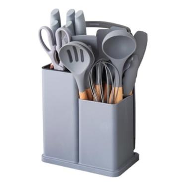 Imagem de Kit 19 Peças Utensilios Cozinha Silicone Com Facas Antiaderente Cabo De Madeira Tratada Kit Com Colher Concha Espatula Pegador Tesoura Tabua - Jogo Completo Premium. (Cinza)