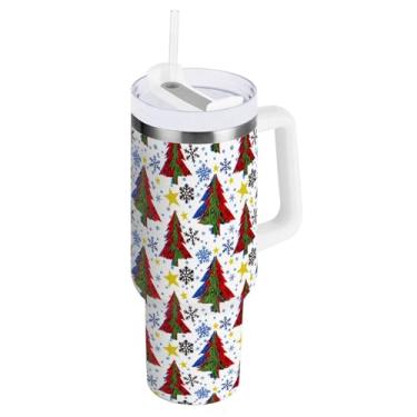 Imagem de Copo de aço inoxidável 1,134 g com alça e tampa de palha, árvore de Natal, flocos de neve, copo de café para viagem