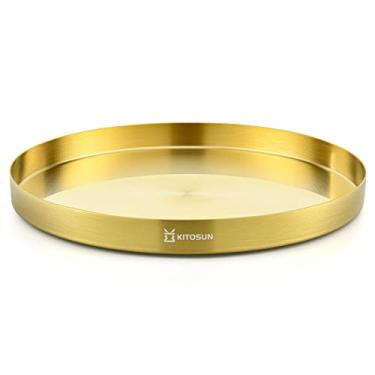 Imagem de Bandeja dourada redonda para servir – Prato decorativo de metal para bar, clube, lounge, mesa de centro, centro de mesa, perfume, penteadeira, expositor de joias, armazenamento de cosméticos,
