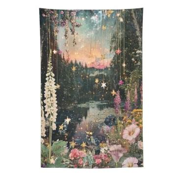 Imagem de Tapeçaria de parede extravagante floresta estrelada lago pendurado glitter galáxia noite cogumelos flores silvestres cottagecore decoração de sonho para quarto dormitório leitura recanto decoração