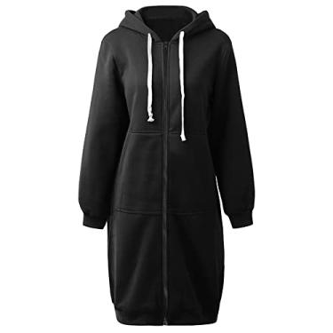 Imagem de Snsowed Nova Moda Feminina Com Capuz Longo Moletom Com Capuz Casaco Casual Bolsos Zíper Sólido Jaqueta (XXXL)