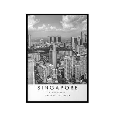 Imagem de Pôster de viagem preto e branco impressão de paisagem da cidade do mundo pintura em tela de arte de parede de Singapura decoração de casa (16 x 24 polegadas (40 x 60 cm), moldura para fotos)