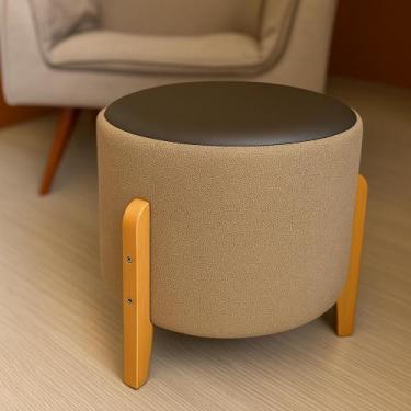 Imagem de Puff Soft Bouclé Banqueta Assento Elegante com Couro e Pés de Madeira 