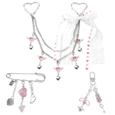 Imagem de PLKDJDM 3 peças de prata com berloques de coração com pingente de cadeado fashion Y2k chaveiro coquete estético amuletos de laço para fazer bolsas de mão faça-você-mesmo para mulheres como presente de