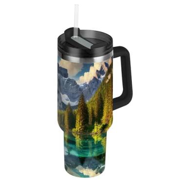 Imagem de Copo com alça 1,134 g Copos de aço inoxidável com tampa e canudo Garrafas de água isoladas femininas caneca de café quente para carro cristal montanha reflexão lago