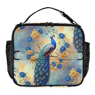Imagem de Joisal Lancheira azul pavão dourado flores para mulheres, lancheira personalizada para meninas, crianças, homens, lancheira para trabalho, bolsa térmica para meninos