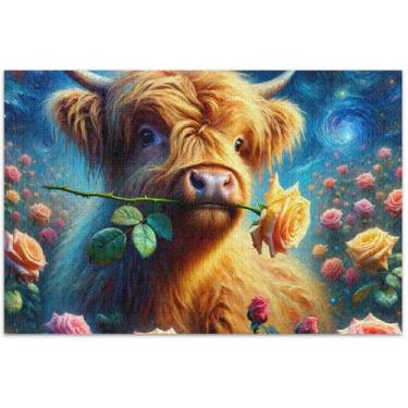 Imagem de Rose Highland Vaca Bezerro Floral Adultos Quebra-cabeça 1000 peças Quebra-cabeça Presentes Únicos Puzzles Fine Art Painting, 75 x 40 centímetros
