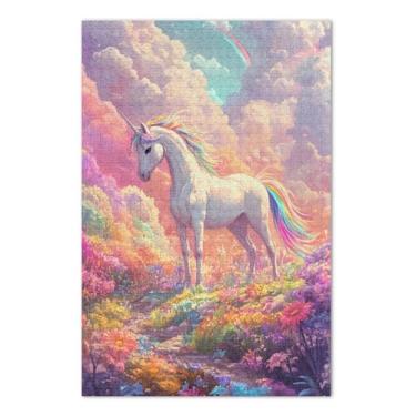 Imagem de Quebra-cabeça colorido fantasia unicórnio rosa fácil para adultos com letras nas costas 500 peças para adultos