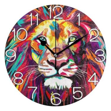 Imagem de GAIGEO Relógio de parede analógico decorativo quarto cozinha relógio operado por bateria silencioso, arte de parede moderna legal decoração de casa majestosa impressão de leão colorido, 25 cm