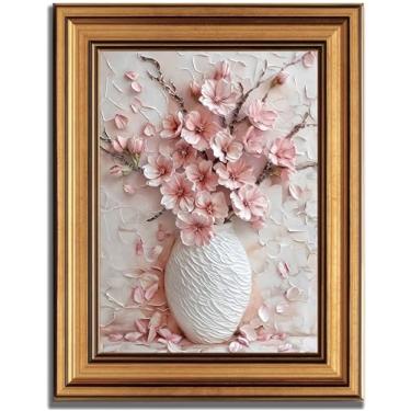Imagem de Arte de parede em tela floral rosa emoldurada dourada textura 3D flor Sakura pintura botânica imagem flores de cerejeira impressões de pôster para sala de estar, sala de aula, quarto, escritório