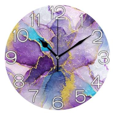 Imagem de Relógio de parede analógico decorativo redondo sem tique-taque silencioso quarto cozinha, retro moderno art déco decoração de parede aquarela abstrata roxo dourado, 25 cm, ponteiros pretos