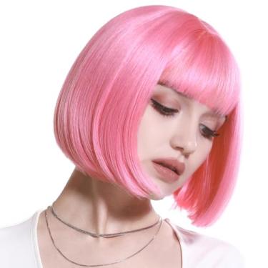 Imagem de Peruca curta reta bob com franja 20 cm moda sintética colorida cosplay diária festa peruca para mulheres rosa