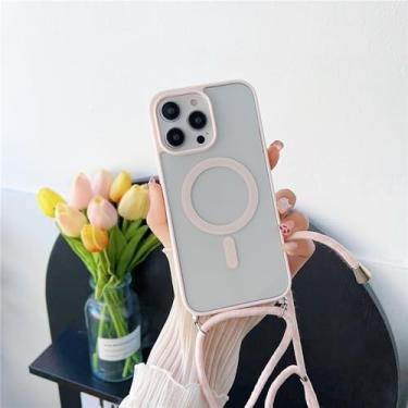 Imagem de Capa transparente com cordão transversal para iPhone 16, 15 Pro Max, 14 e 13, com cordão magnético e carregador sem fio, rosa, para iPhone 12