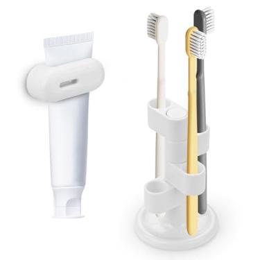 Imagem de Diakey Suporte de escova de dentes e pasta de dente para banheiro, rotação de 360°, 4 compartimentos, organizador de escova de dentes, suporte de bancada e clipe de parede de pasta de dente para