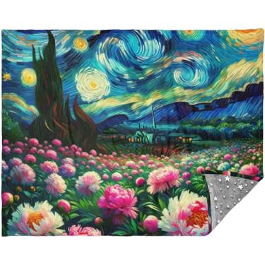 Imagem de TSENQUE Cobertores e mantas de flores de peônia noturnas estreladas personalizadas 177,8 cm x 139,7 cm Presentes de viagem leves para mulheres adultas cobertor fofo