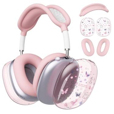 Imagem de BlHMCASE Capa de fone de ouvido para AirPods Max, fofo Kawaii Puppy Butterfly Clear Ear Cups, capa de silicone rosa para fones de ouvido para Apple AirPods Max