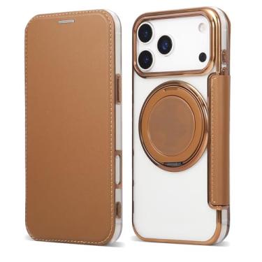 Imagem de Capa carteira para iPhone 17 Pro com 3 compartimentos para cartão, bloqueio RFID, suporte de anel giratório de 360° e compatibilidade magnética, capa traseira transparente à prova de choque, suporta
