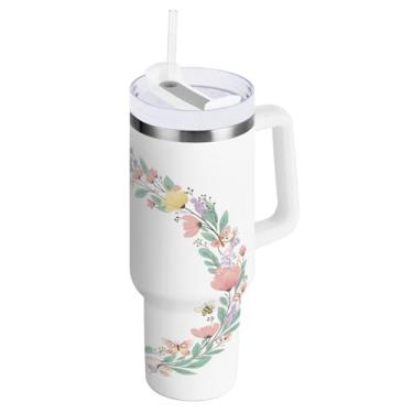 Imagem de Wassud Copo de guirlanda com alça e tampa de canudo copo isolado garrafa de água de aço inoxidável à prova de vazamento caneca de viagem presentes para mulheres 850 g