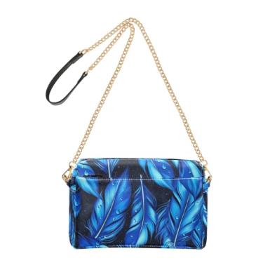 Imagem de Joitme Bolsa de ombro feminina com penas azuis vibrantes pretas para celular bolsa de couro PU alça de corrente