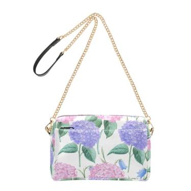 Imagem de Pink Hydrangeas Bluebells Bolsa feminina branca transversal bolsa para celular linda bolsa de ombro de couro PU com alça de corrente