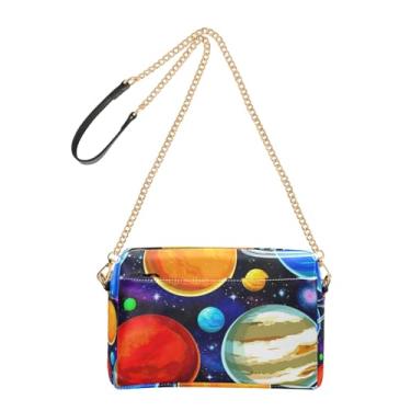 Imagem de Joitme Bolsas femininas transversais bolsa para celular colorida planetas do espaço sideral bolsa de ombro de couro PU com alça de corrente
