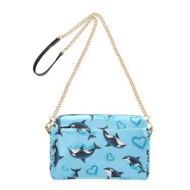 Imagem de Joitme Bolsas de ombro femininas transversais fofas golfinhos azul claro bolsa para celular bolsa de couro PU bolsa de ombro com alça de corrente