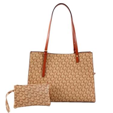 Imagem de Royal Crown Bolsa Tote Feminina com Monograma, Couro Sintético Caramelo, Conjunto com Necessaire, Alças Longas