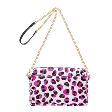 Imagem de Joitme Bolsa feminina com estampa de leopardo rosa preto e branco bolsa tiracolo de couro PU com alça de corrente bolsa para celular fofa