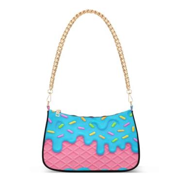 Imagem de Bolsa de ombro com corrente colorida azul waffle rosa, linda bolsa Hobo média para mulheres, bolsa clutch moderna