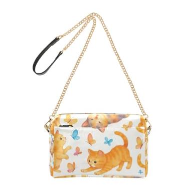 Imagem de Joitme Playful Kittens bolsa tiracolo de borboleta colorida para mulheres, bolsa de ombro de couro PU, alça de corrente, bolsa para celular fofa