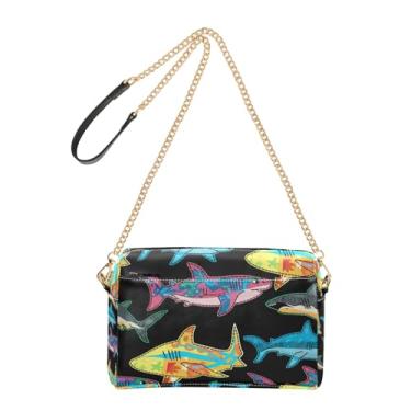 Imagem de Joitme Bolsa de ombro feminina colorida Sharks Black Marine Bolsa tiracolo para celular bolsa de ombro de couro PU alça de corrente
