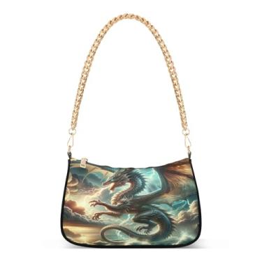 Imagem de Bolsa de ombro divertida com corrente Dragon Sky, bolsa de mão Hobo com estampa artística para mulheres, bolsa clutch elegante com grande capacidade