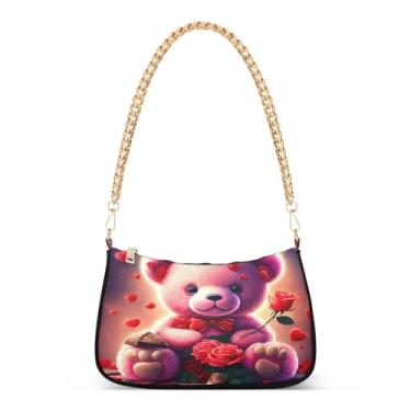 Imagem de Bolsa de ombro rosa com corrente de ursinho de pelúcia, linda bolsa Hobo média para mulheres, bolsa moderna com grande capacidade e vários estilos de transporte